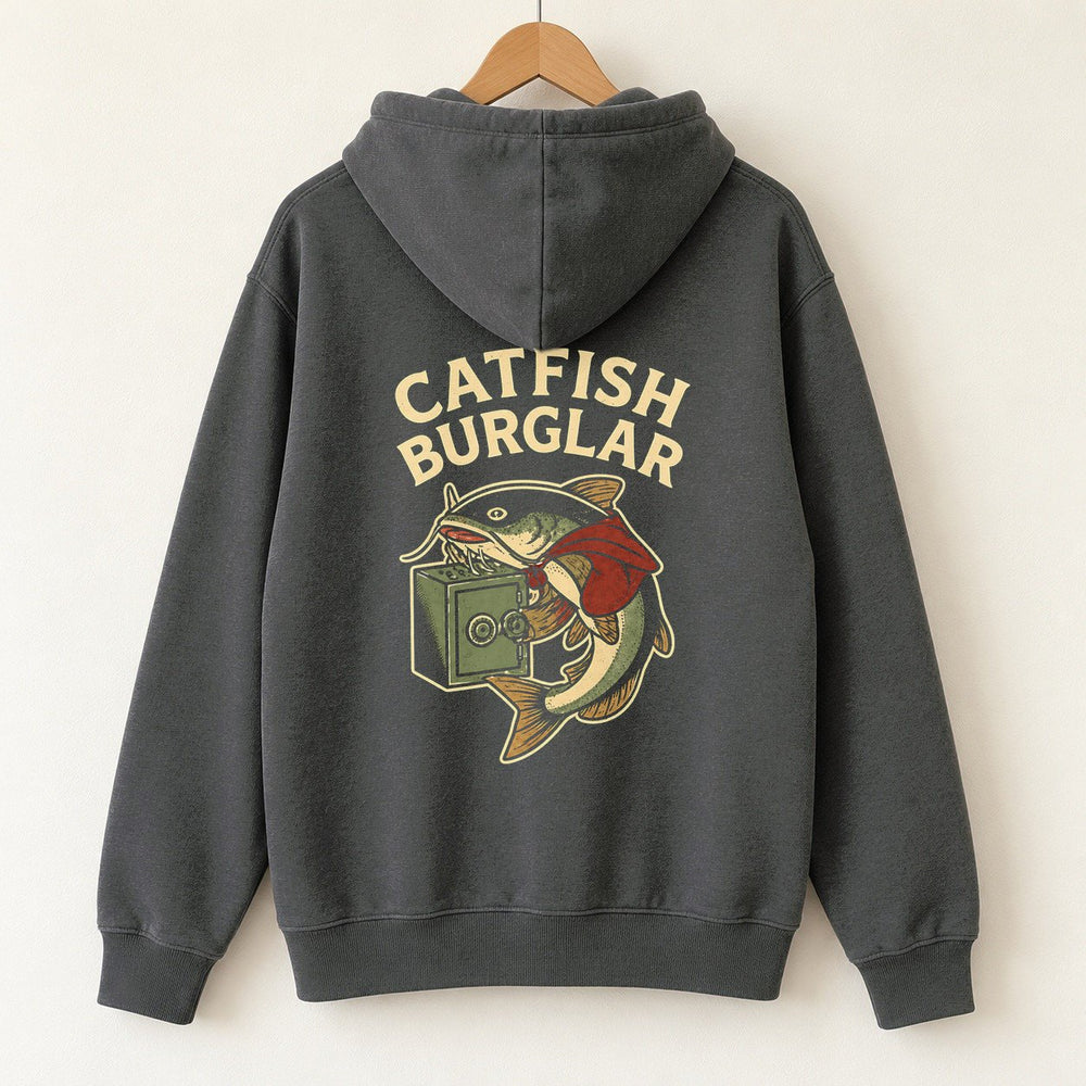 Catfish Burglar Safe Heist Hoodie — Charcoal — back print
