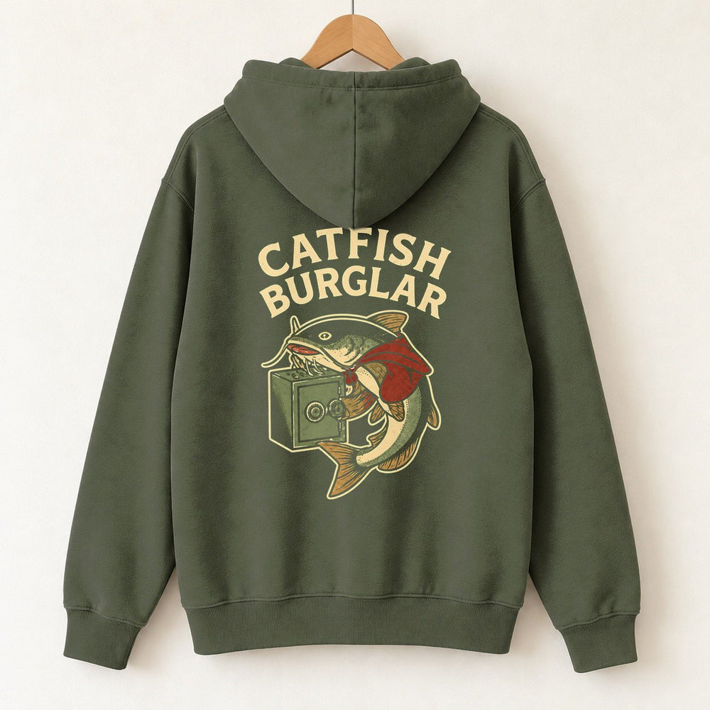 Catfish Burglar Safe Heist Hoodie — Military Green — back print