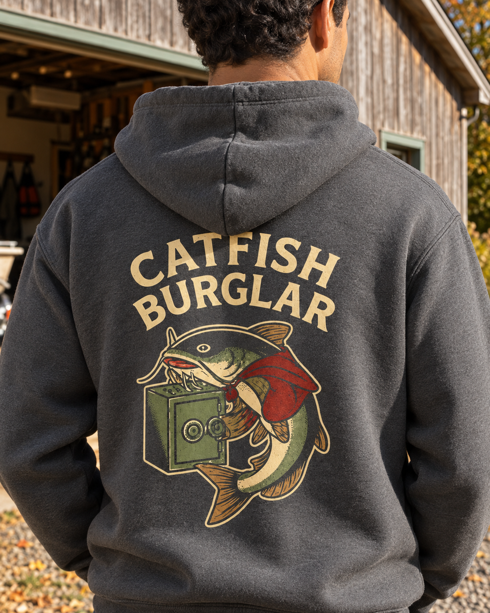 Catfish Burglar Safe Heist Hoodie — Charcoal — model back close-up