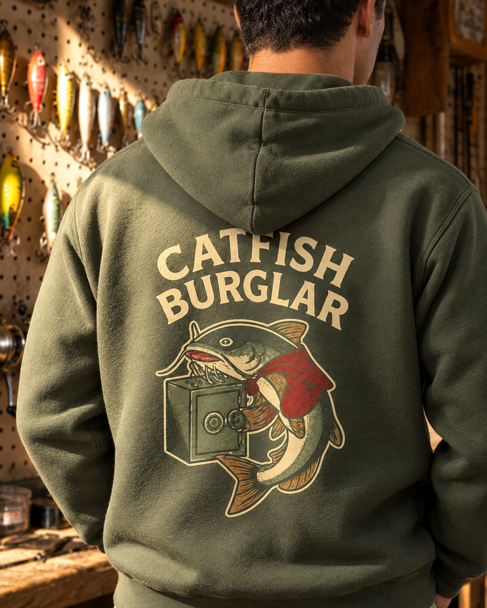 Catfish Burglar Safe Heist Hoodie — Military Green — model back close-up