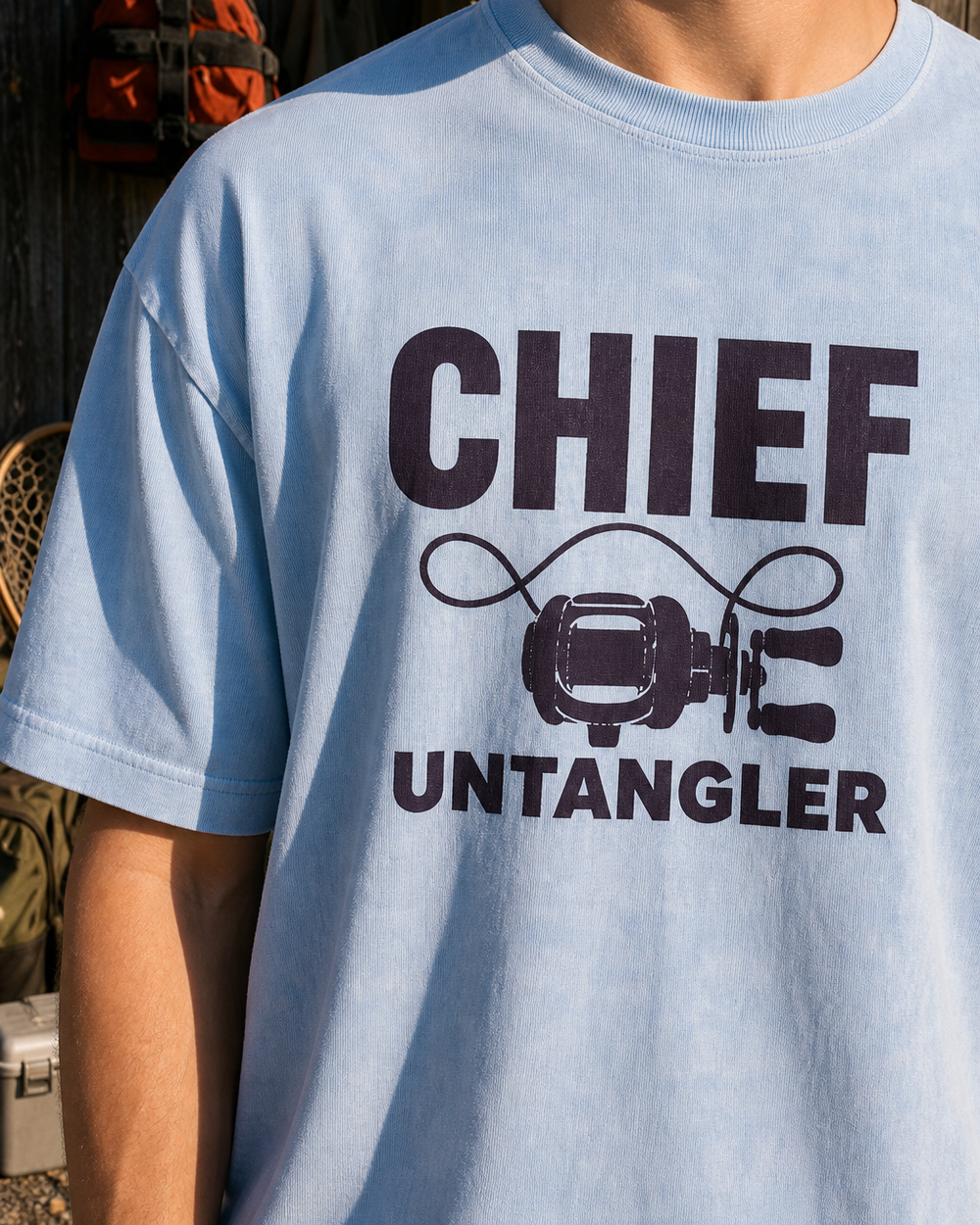 Chief Untangler Bold washed tee — washed light blue, worn, side