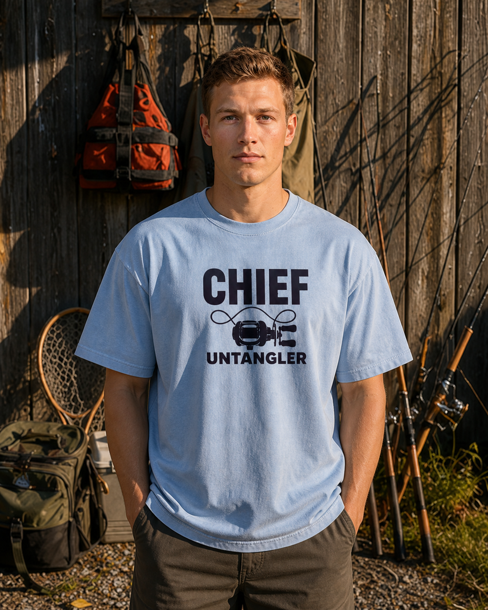 Chief Untangler Bold washed tee — washed light blue, worn, front