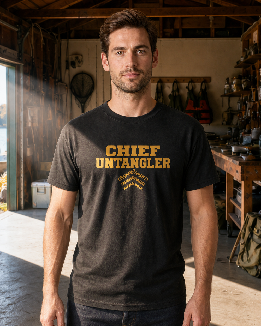 Chief Untangler tee — black, worn, front