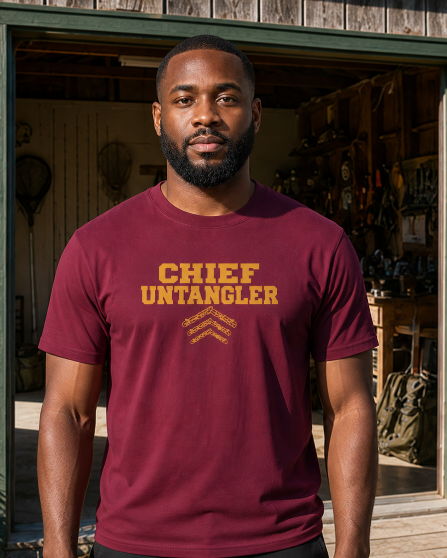 Chief Untangler tee — maroon, worn, front
