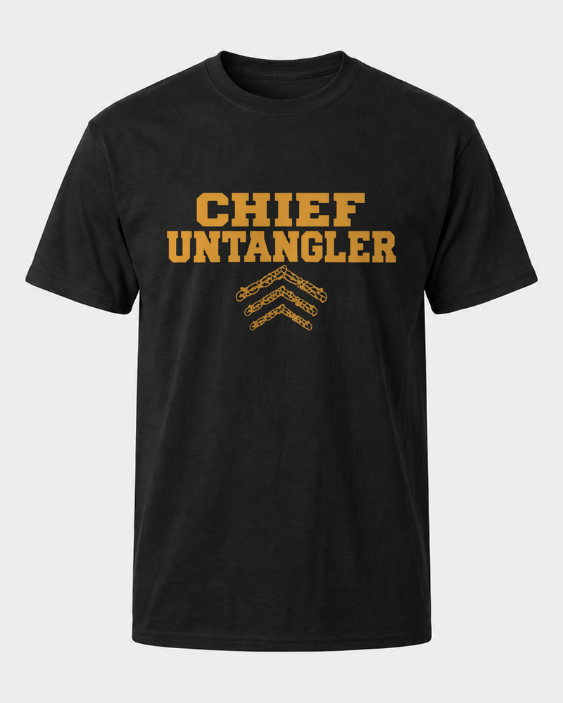 Chief Untangler tee — black, front