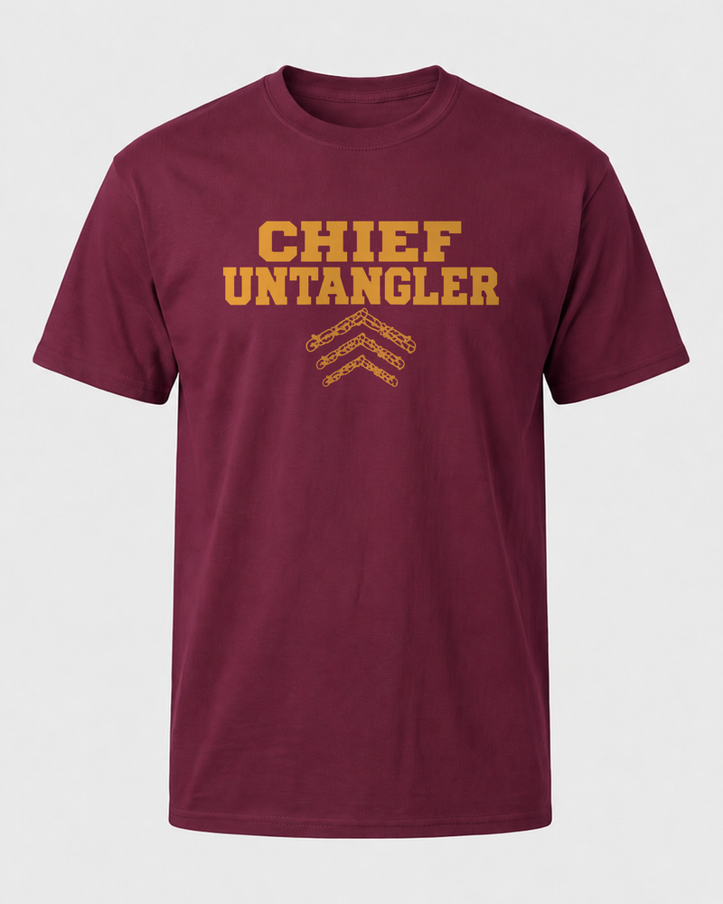 Chief Untangler tee — maroon, front