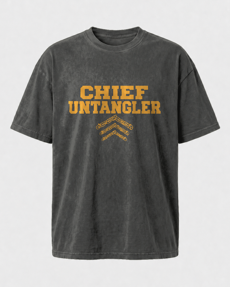 Chief Untangler washed tee — washed black, front