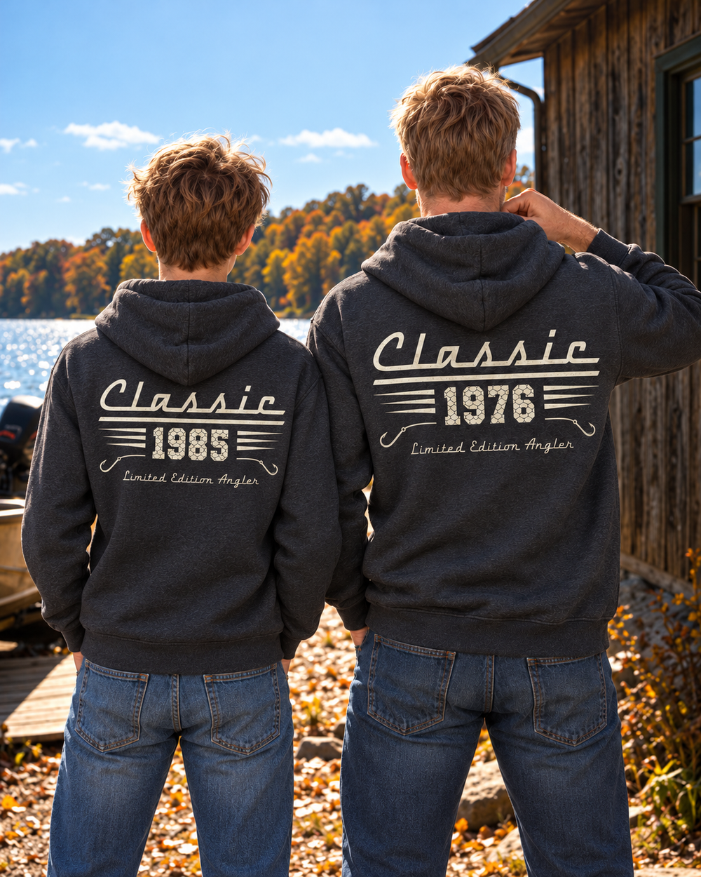 Classic Angler Custom Year All-Over Print Hoodie — two people, back