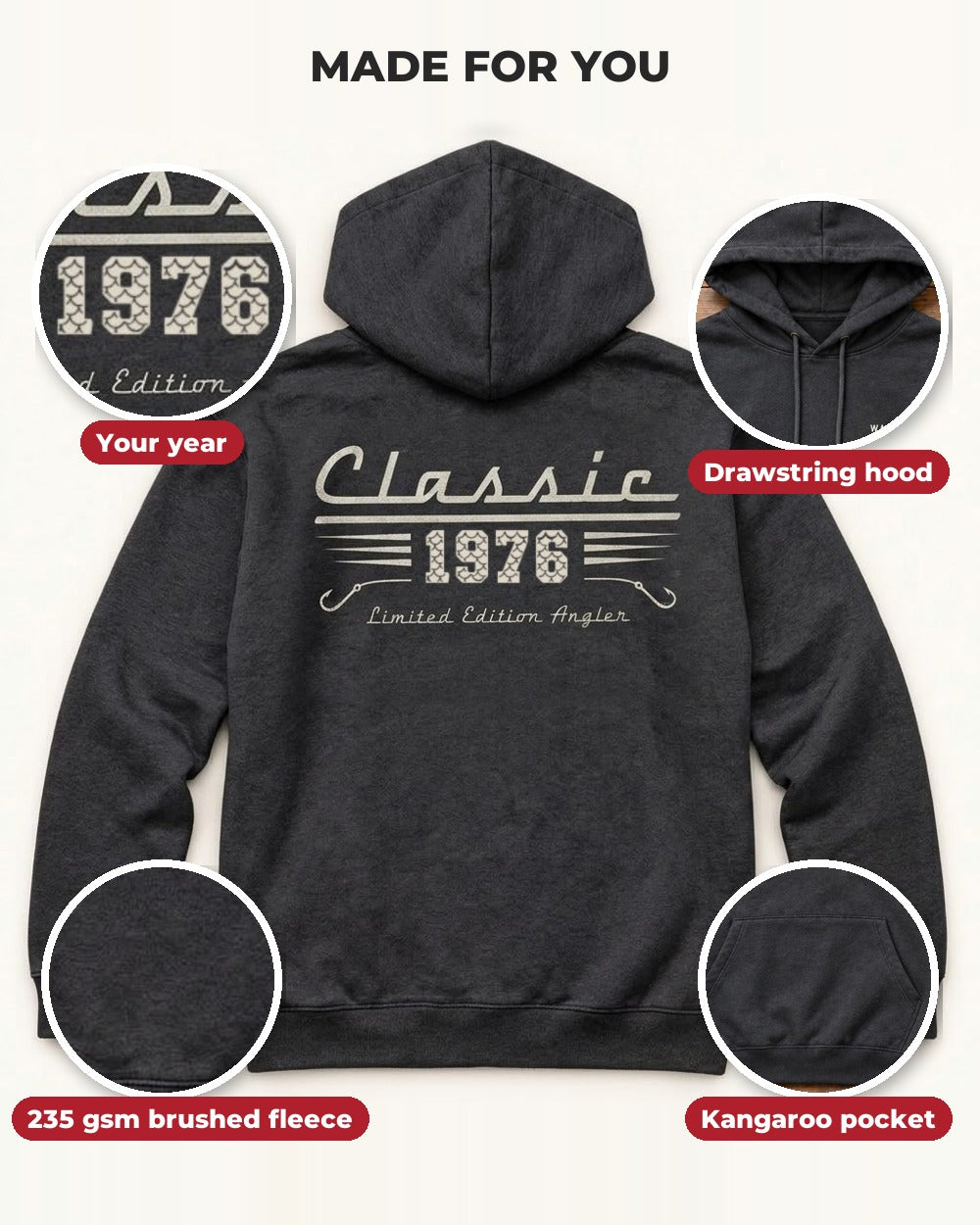 Classic Angler Custom Year All-Over Print Hoodie — details