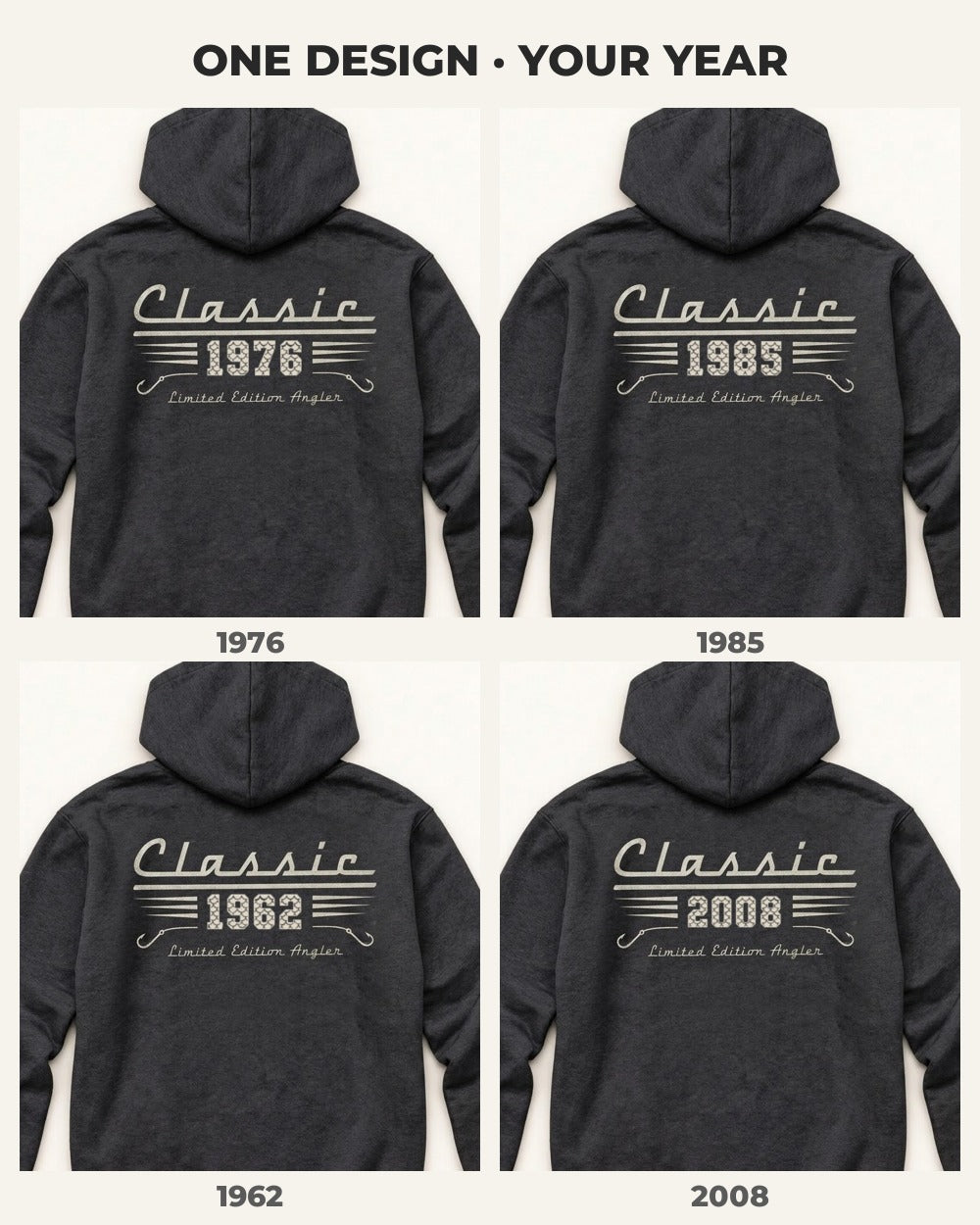 Classic Angler Custom Year All-Over Print Hoodie — four versions