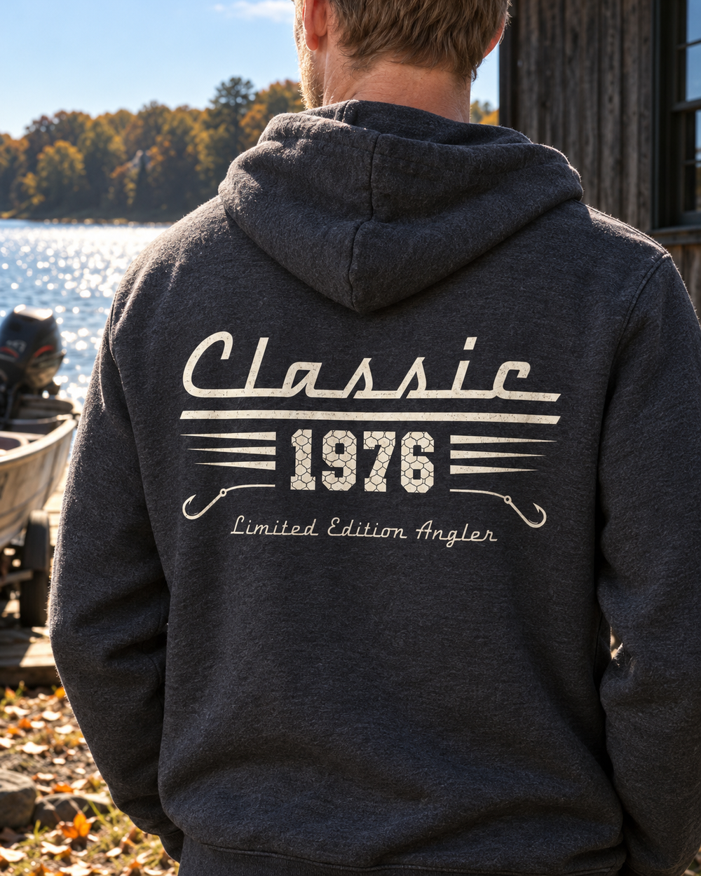 Classic Angler Custom Year All-Over Print Hoodie — model back angle