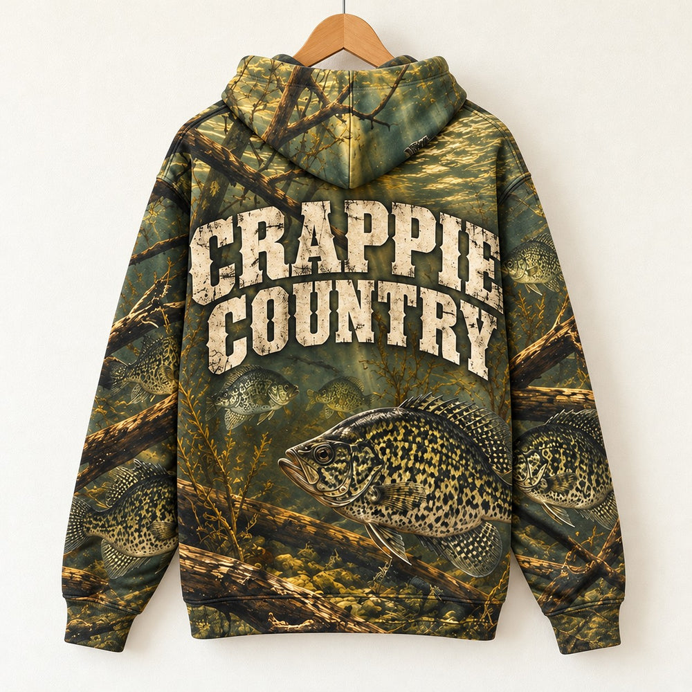 Crappie Country All-Over Print Hoodie on a hanger