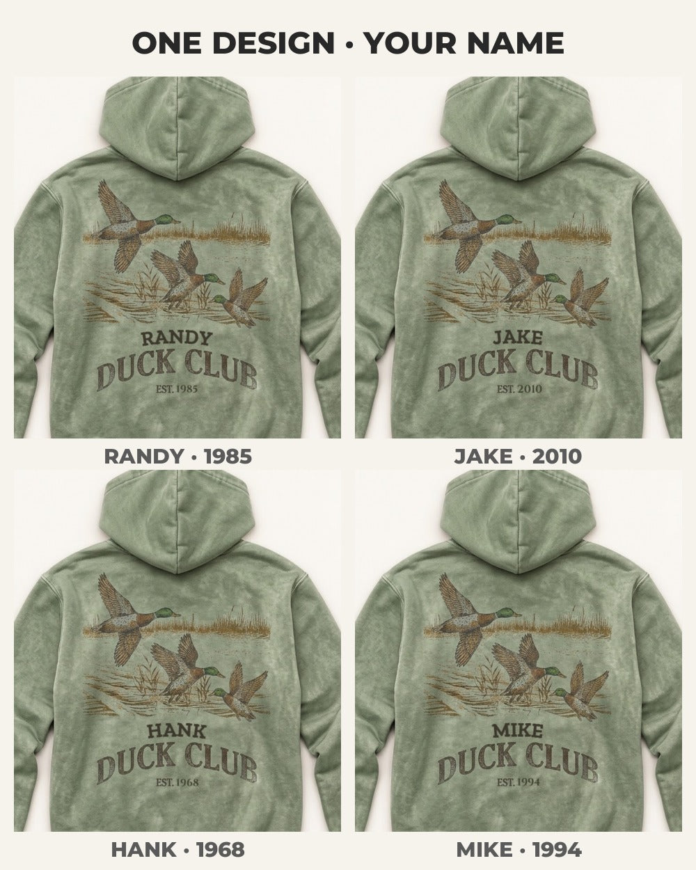 Custom Name Duck Club All-Over Print Hoodie — four versions