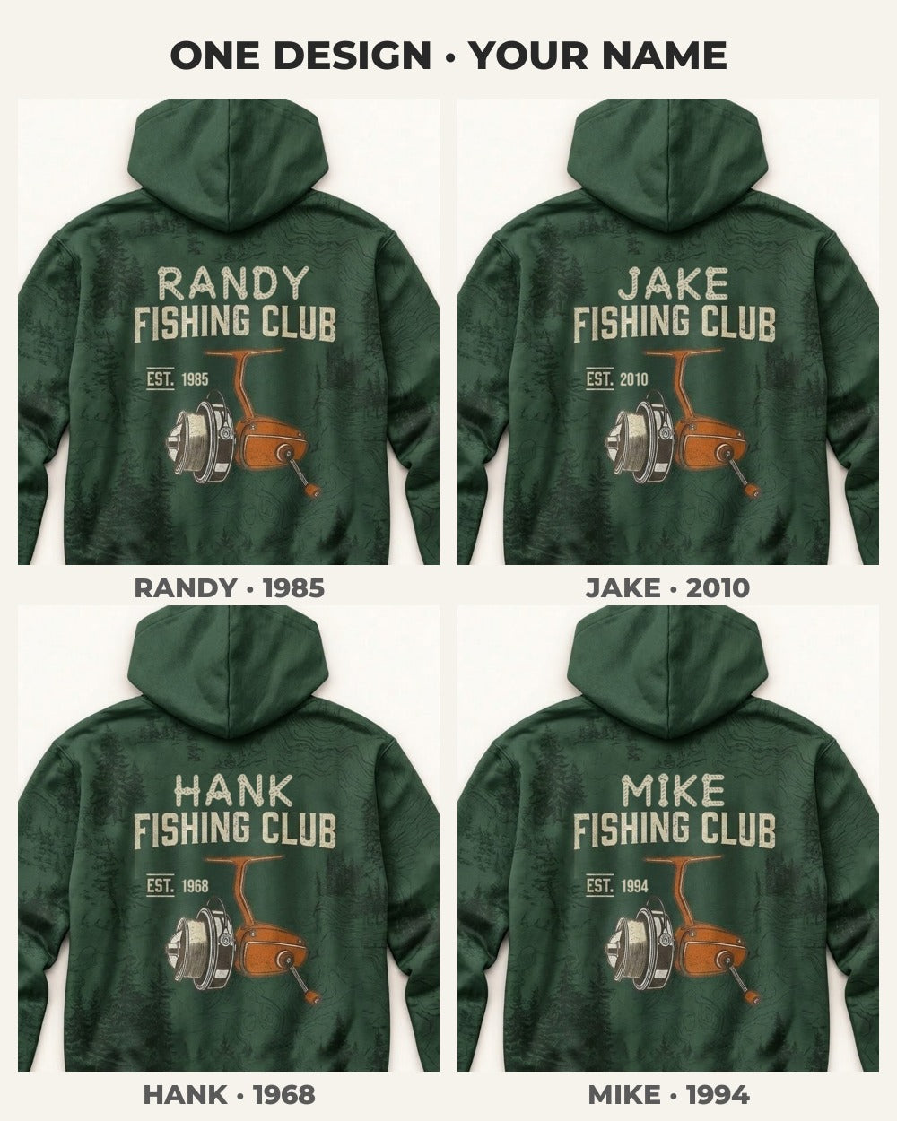 Custom Name Fishing Club All-Over Print Hoodie — four versions