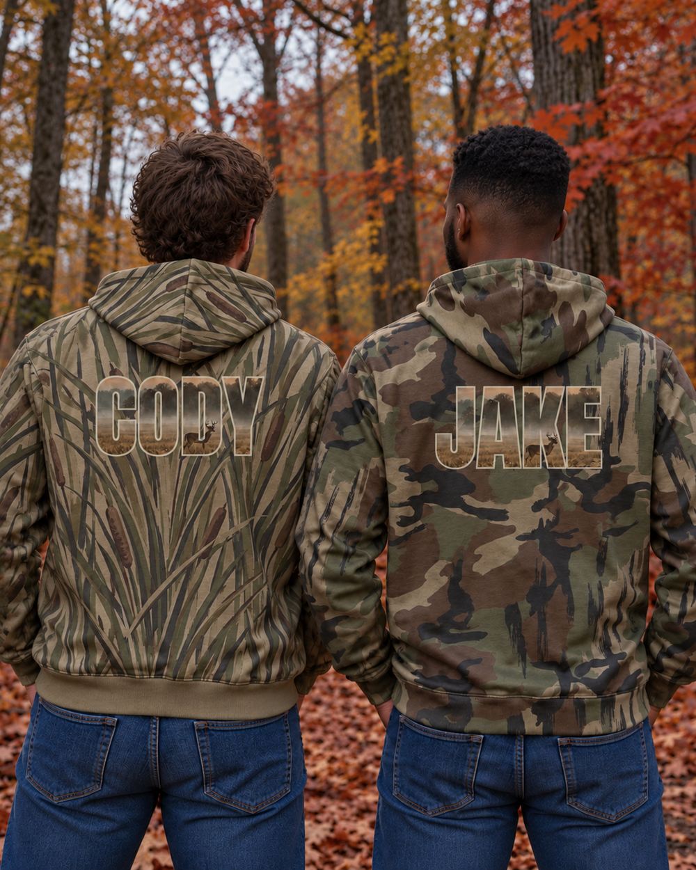 Custom Name Terrain Camo All-Over Print Hoodie — two people, back
