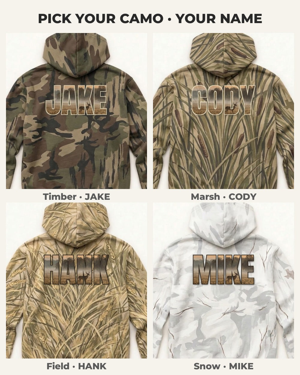 Custom Name Terrain Camo All-Over Print Hoodie — four versions