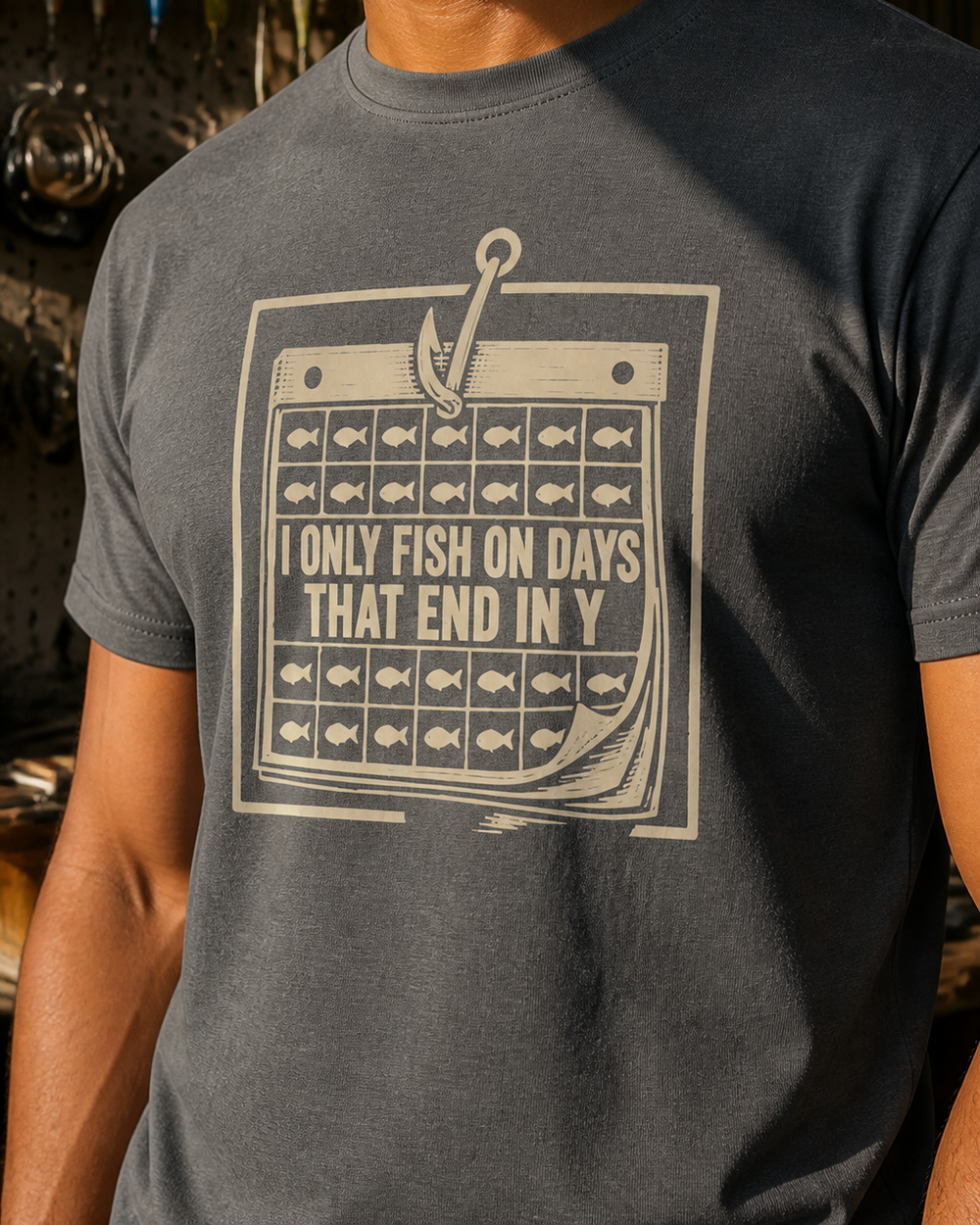 Days That End In Y tee — charcoal, worn, side