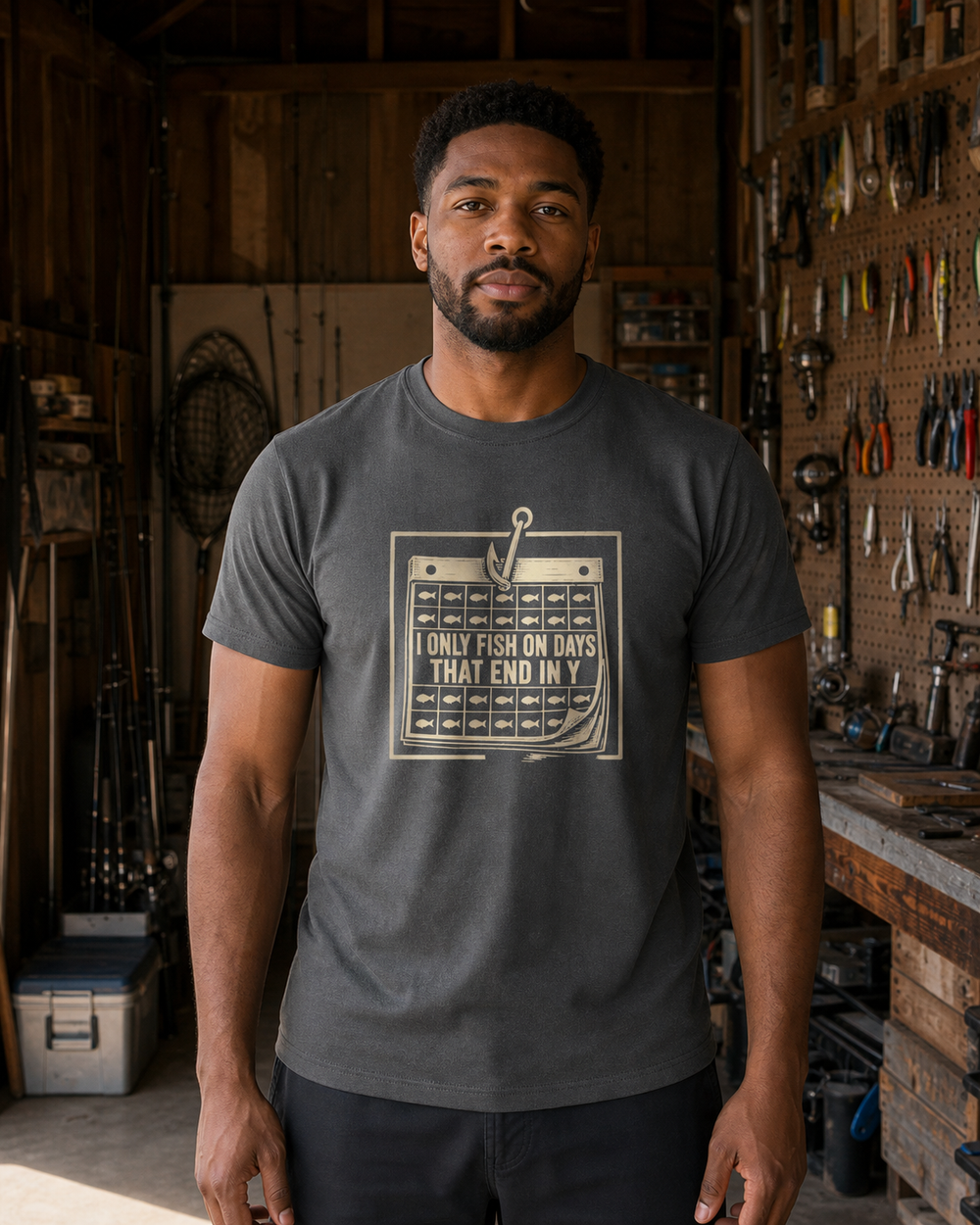 Days That End In Y tee — charcoal, worn, front