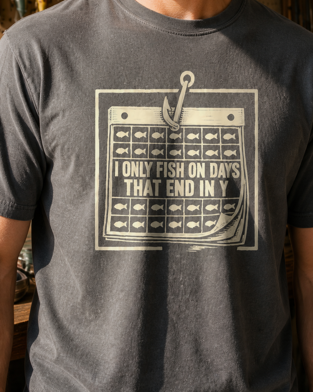 Days That End In Y washed tee — washed charcoal, worn, side