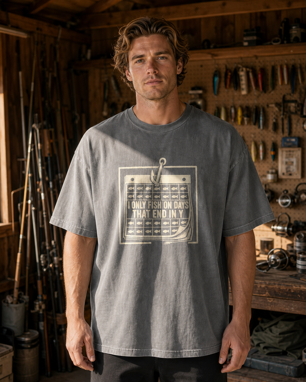 Days That End In Y washed tee — washed charcoal, worn, front