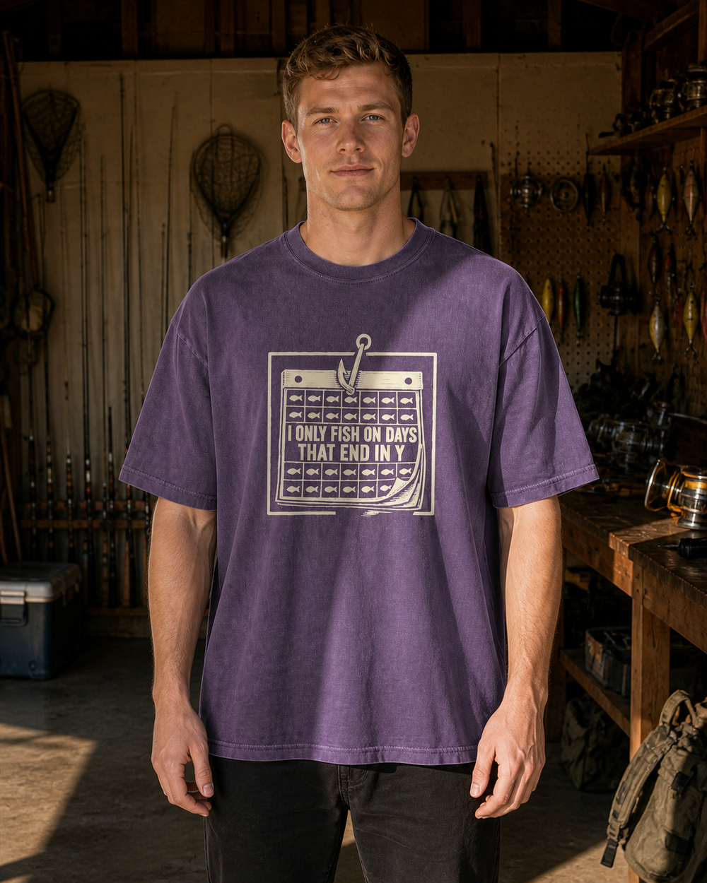 Days That End In Y washed tee — washed violet, worn, front