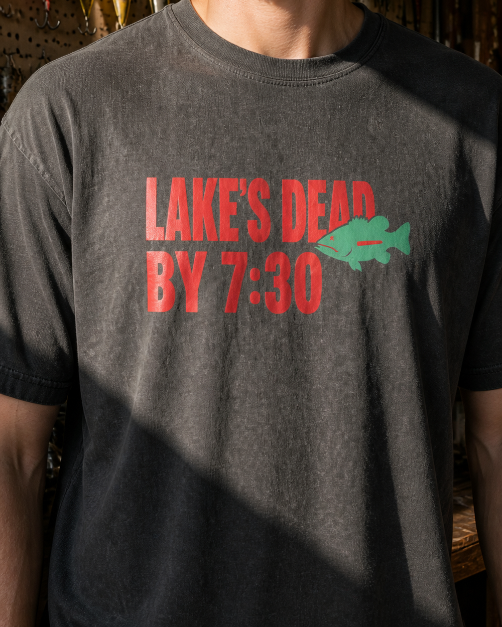 Dead By 7:30 washed tee — washed black, worn, side