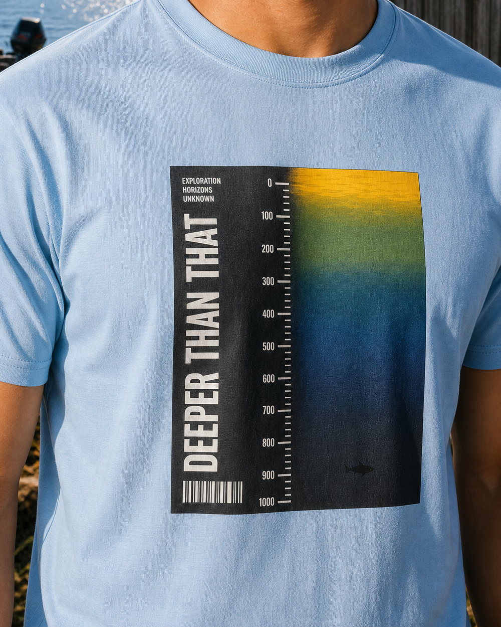 Deeper Than That tee — light blue, worn, side