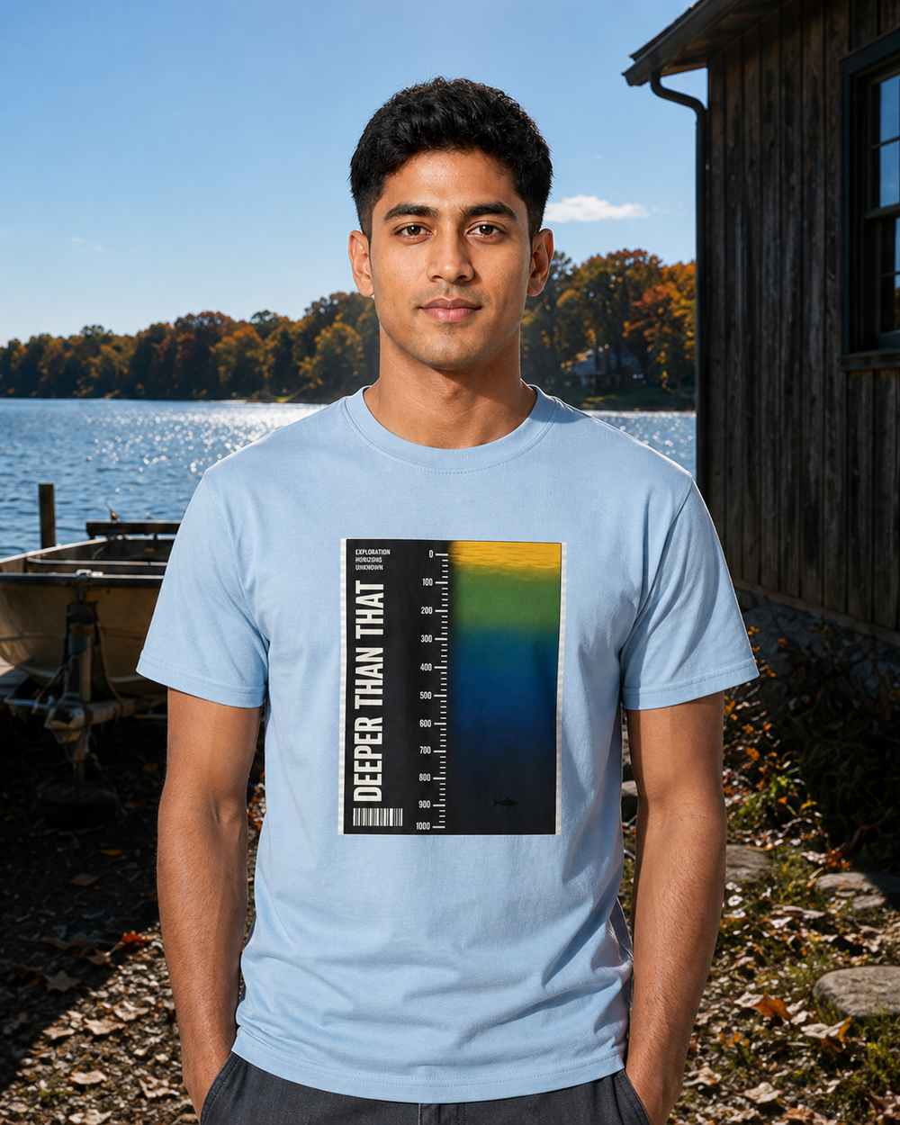 Deeper Than That tee — light blue, worn, front