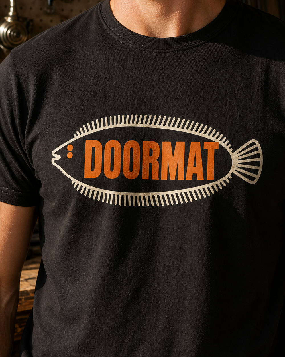 Doormat tee — black, worn, side