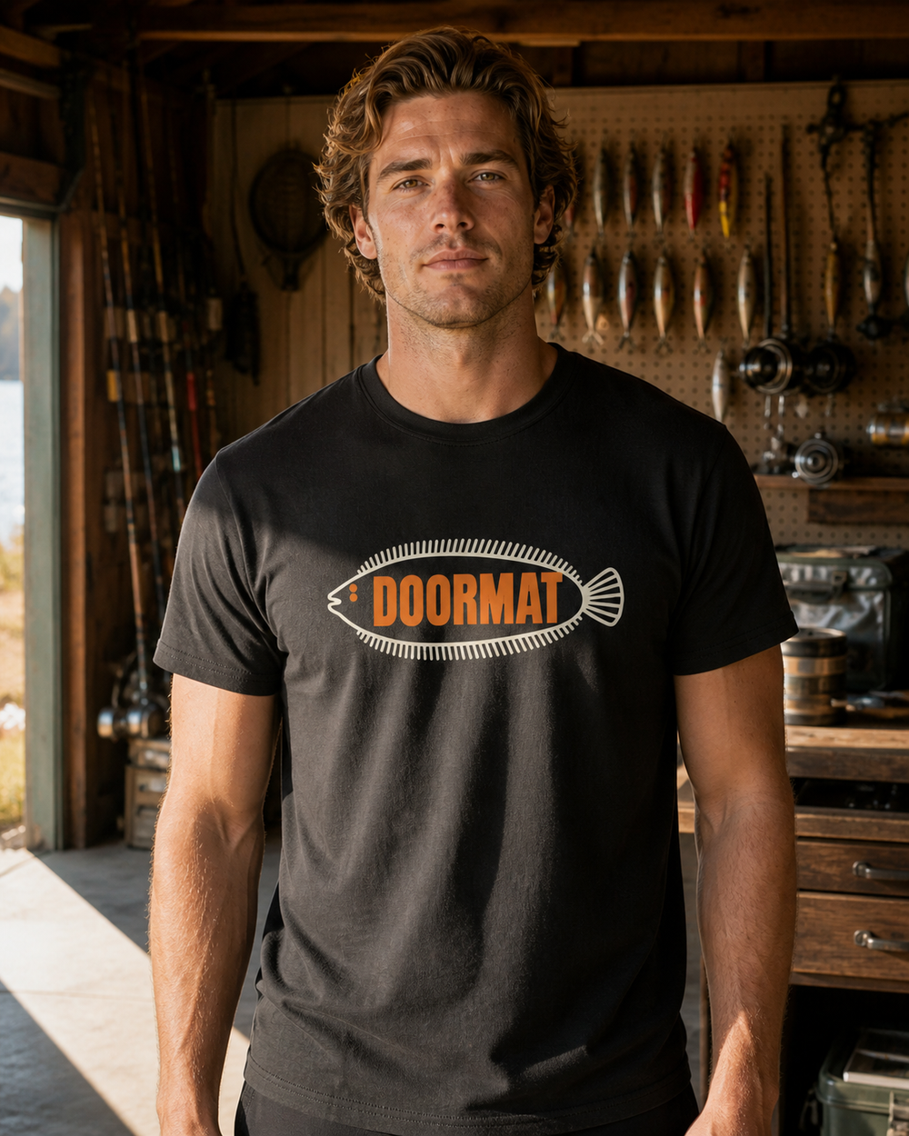 Doormat tee — black, worn, front