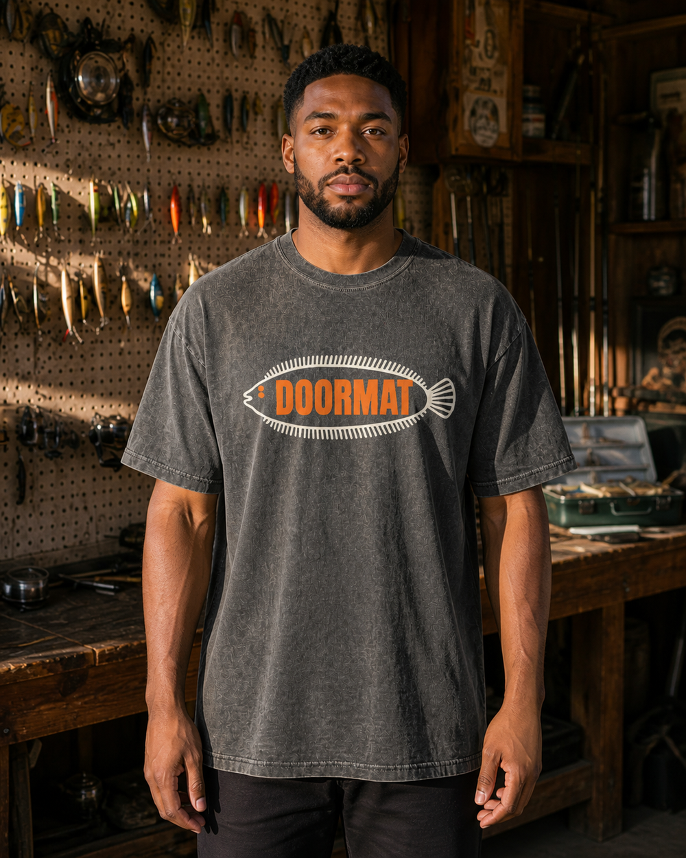 Doormat washed tee — washed black, worn, front