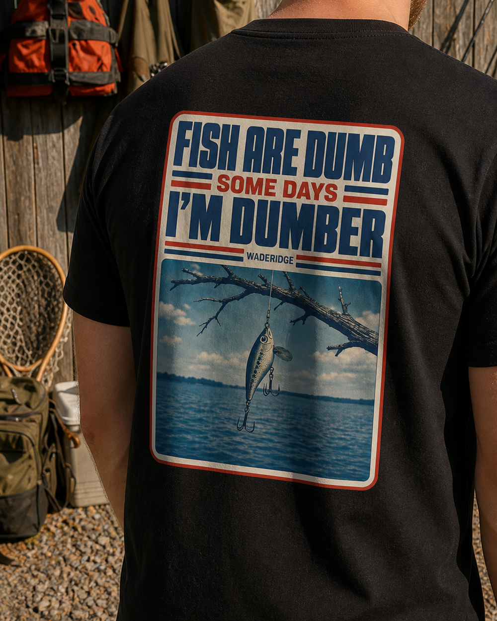 Fish Are Dumb Some Days I'm Dumber — Snag Poster tee — black, worn, side