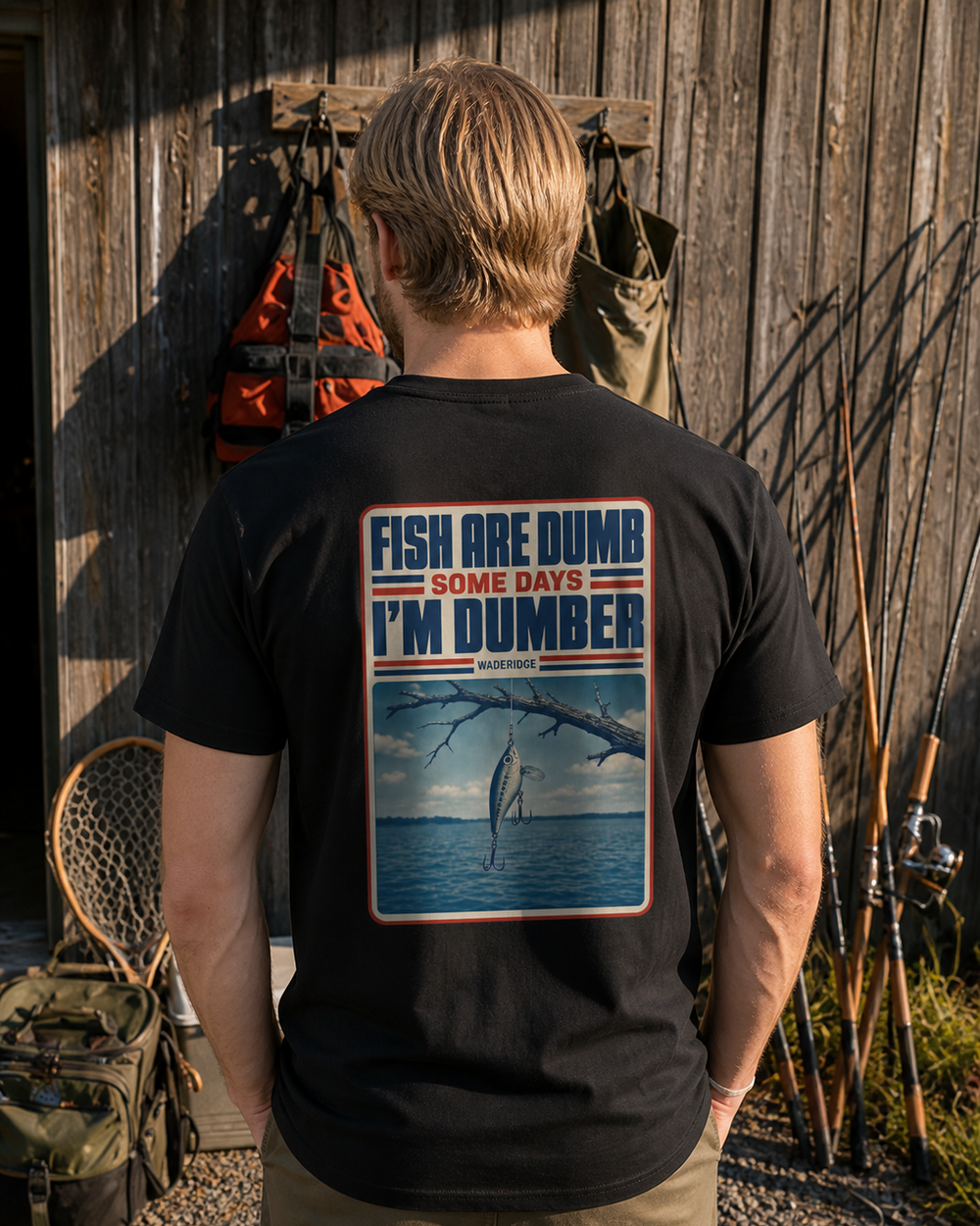 Fish Are Dumb Some Days I'm Dumber — Snag Poster tee — black, worn, front