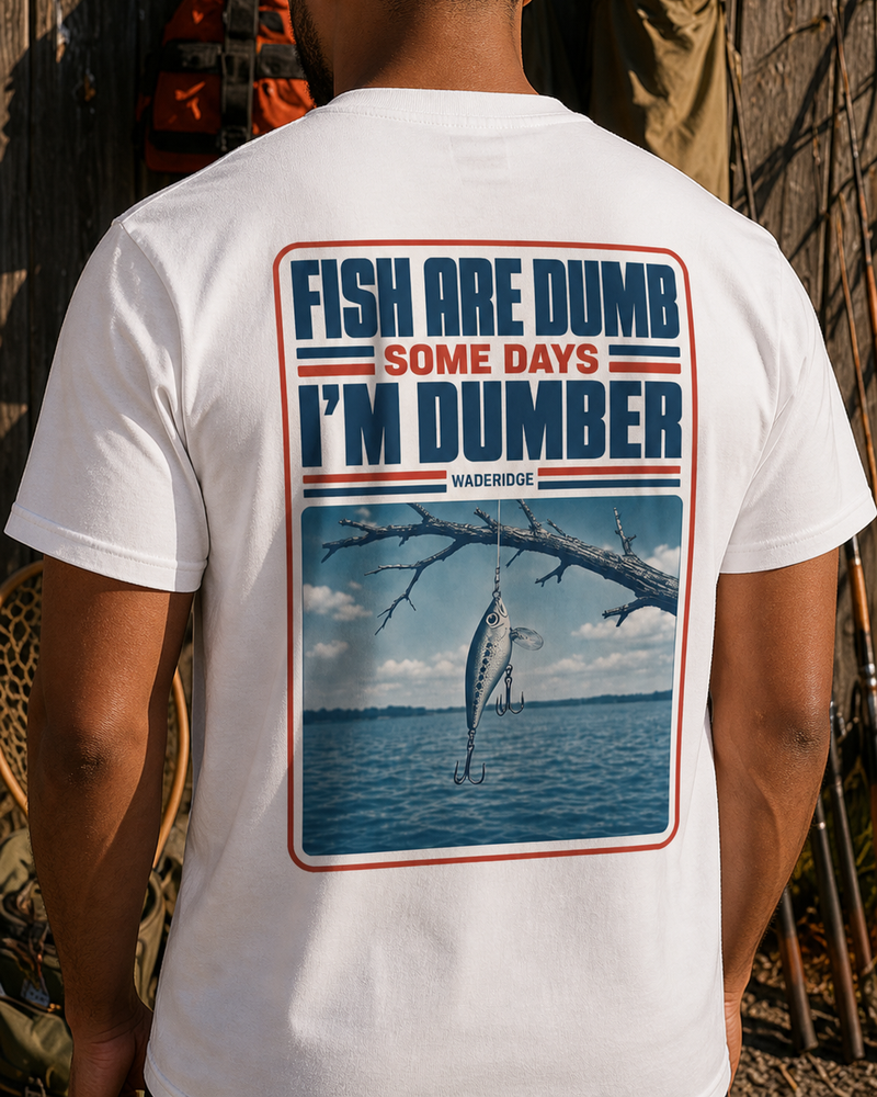 Fish Are Dumb Some Days I'm Dumber — Snag Poster tee — worn, side