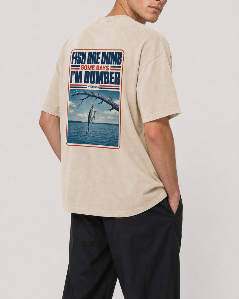 Fish Are Dumb Some Days I'm Dumber — Snag Poster washed tee — washed bone, worn, side