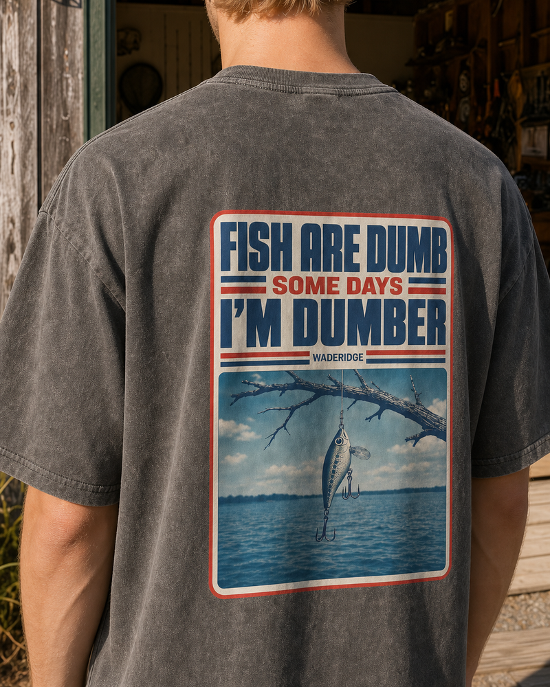 Fish Are Dumb Some Days I'm Dumber — Snag Poster washed tee — washed black, worn, side