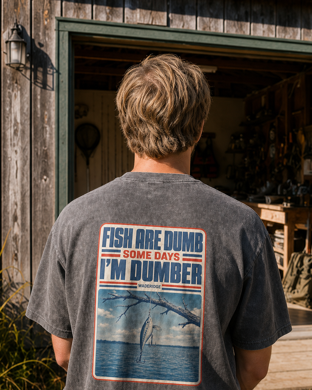 Fish Are Dumb Some Days I'm Dumber — Snag Poster washed tee — washed black, worn, front