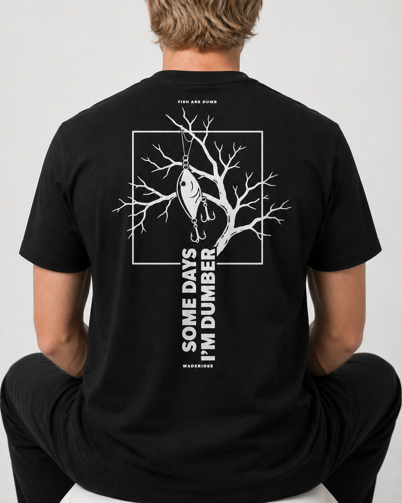 Fish Are Dumb Some Days I'm Dumber — Branch Frame tee — black, worn, side