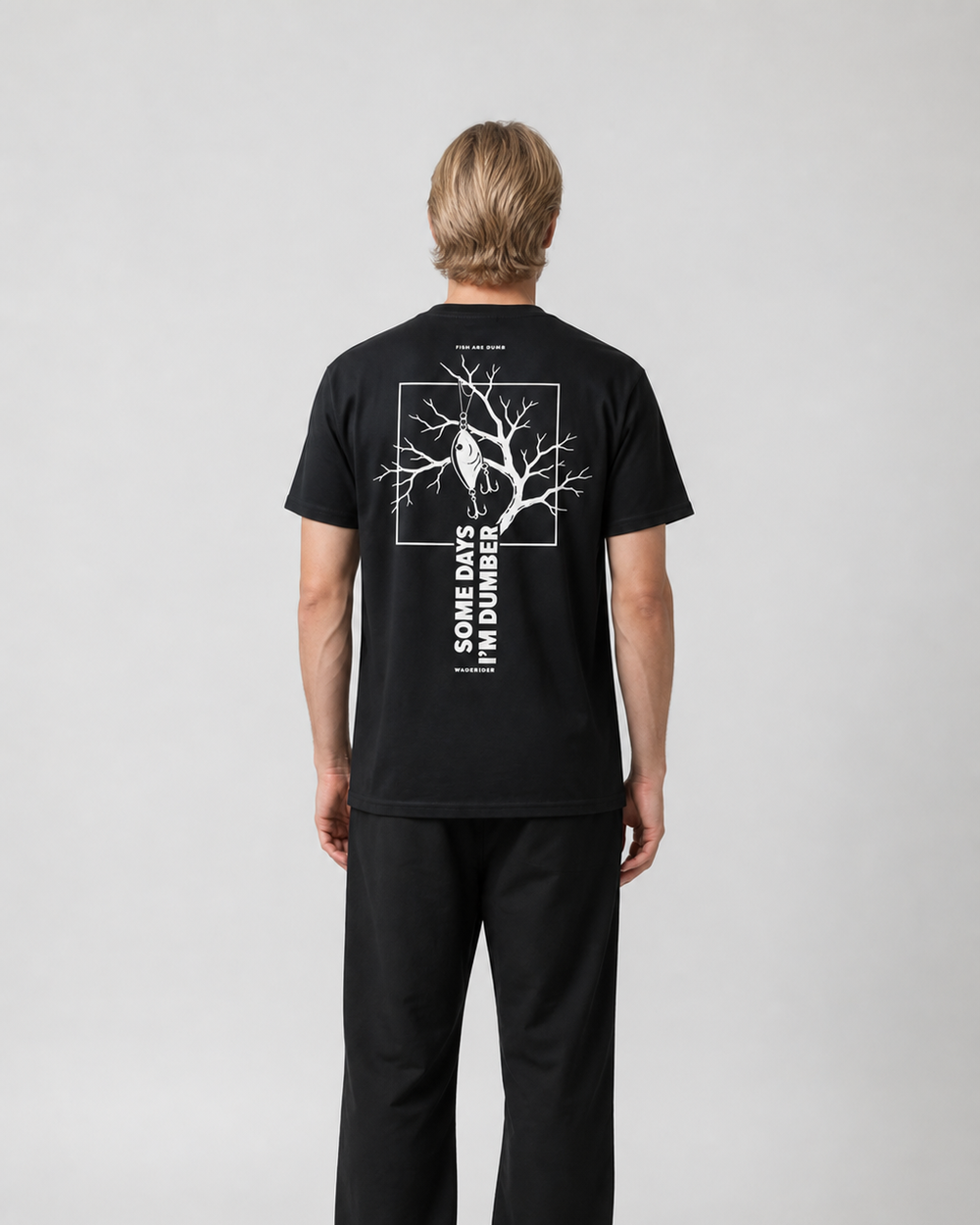 Fish Are Dumb Some Days I'm Dumber — Branch Frame tee — black, worn, front