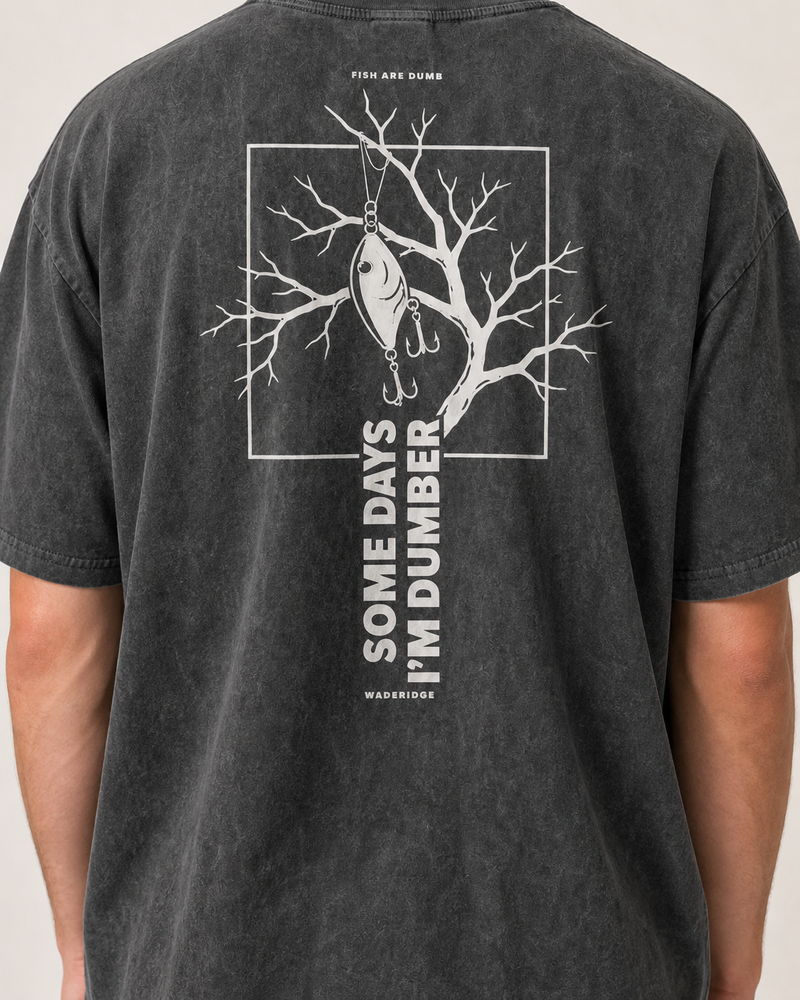Fish Are Dumb Some Days I'm Dumber — Branch Frame washed tee — washed black, worn, side