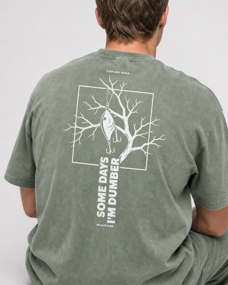 Fish Are Dumb Some Days I'm Dumber — Branch Frame washed tee — washed sage, worn, side