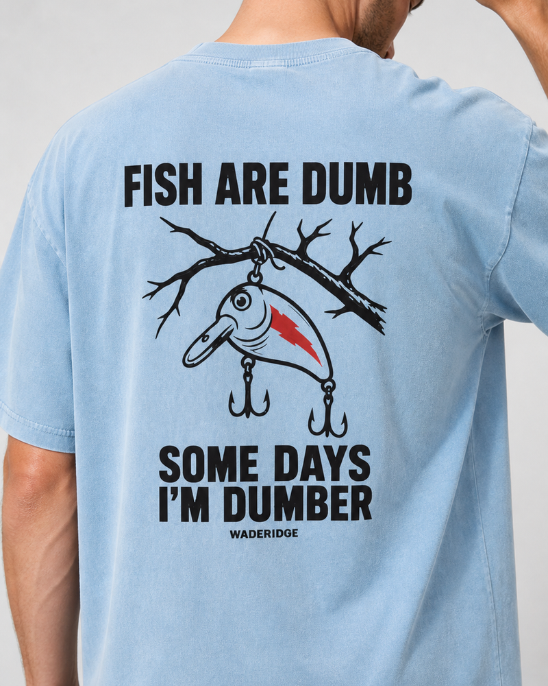 Fish Are Dumb Some Days I'm Dumber — Brushed Snag washed tee — washed light blue, worn, side