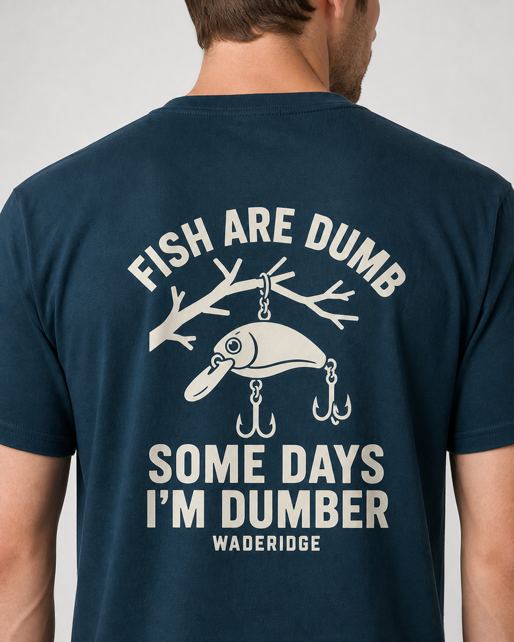 Fish Are Dumb Some Days I'm Dumber — Arched Type tee — midnight navy, worn, side