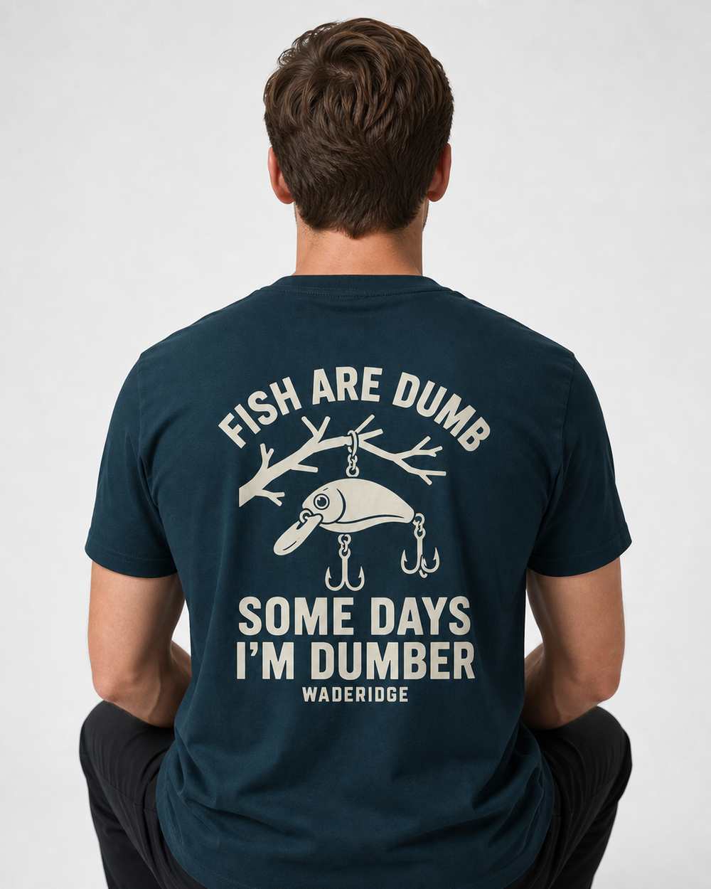 Fish Are Dumb Some Days I'm Dumber — Arched Type tee — midnight navy, worn, front