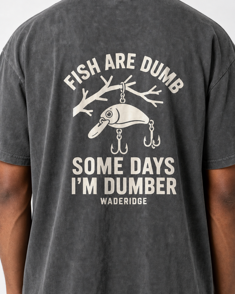 Fish Are Dumb Some Days I'm Dumber — Arched Type washed tee — washed black, worn, side