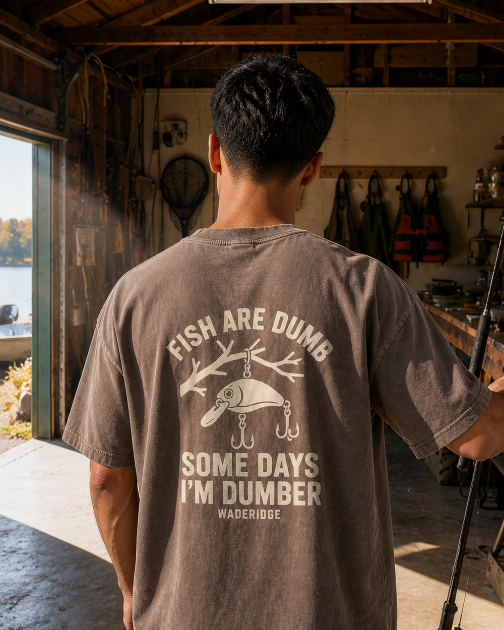Fish Are Dumb Some Days I'm Dumber — Arched Type washed tee — washed coffee, worn, front