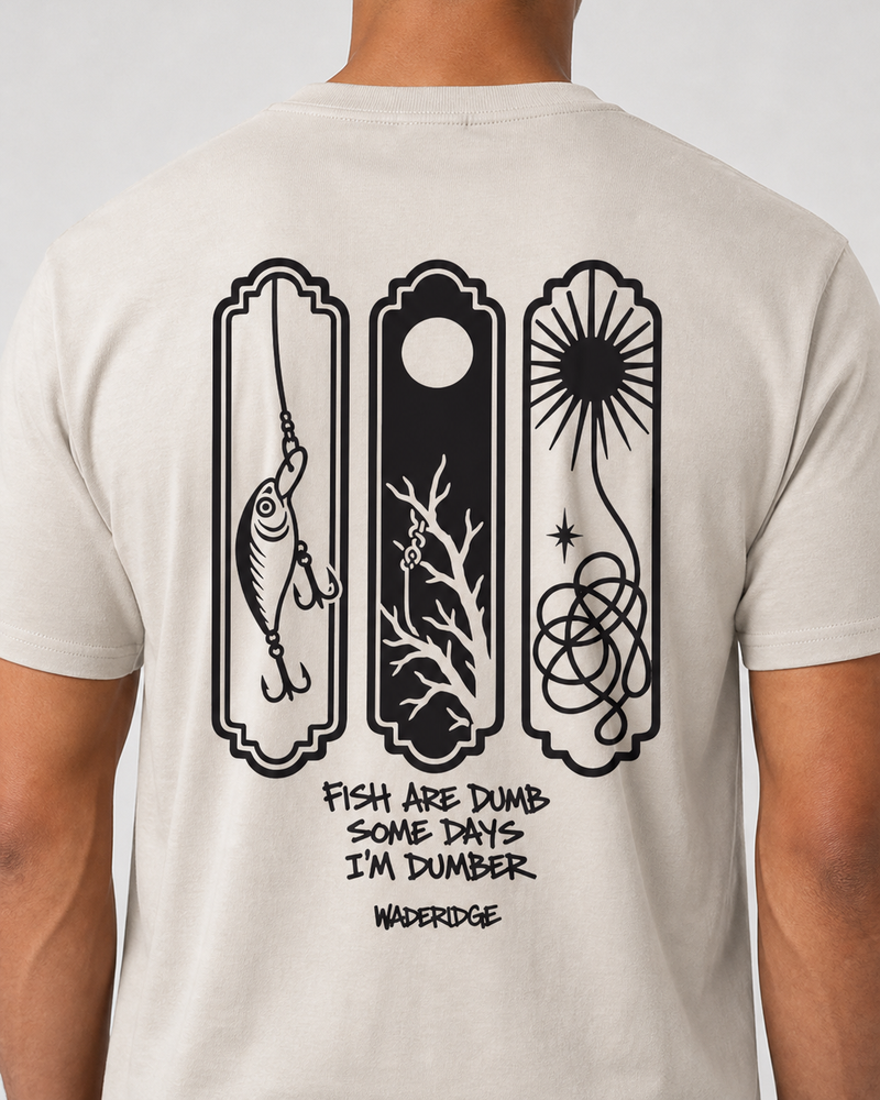 Fish Are Dumb Some Days I'm Dumber — Snag Panels tee — sand, worn, side