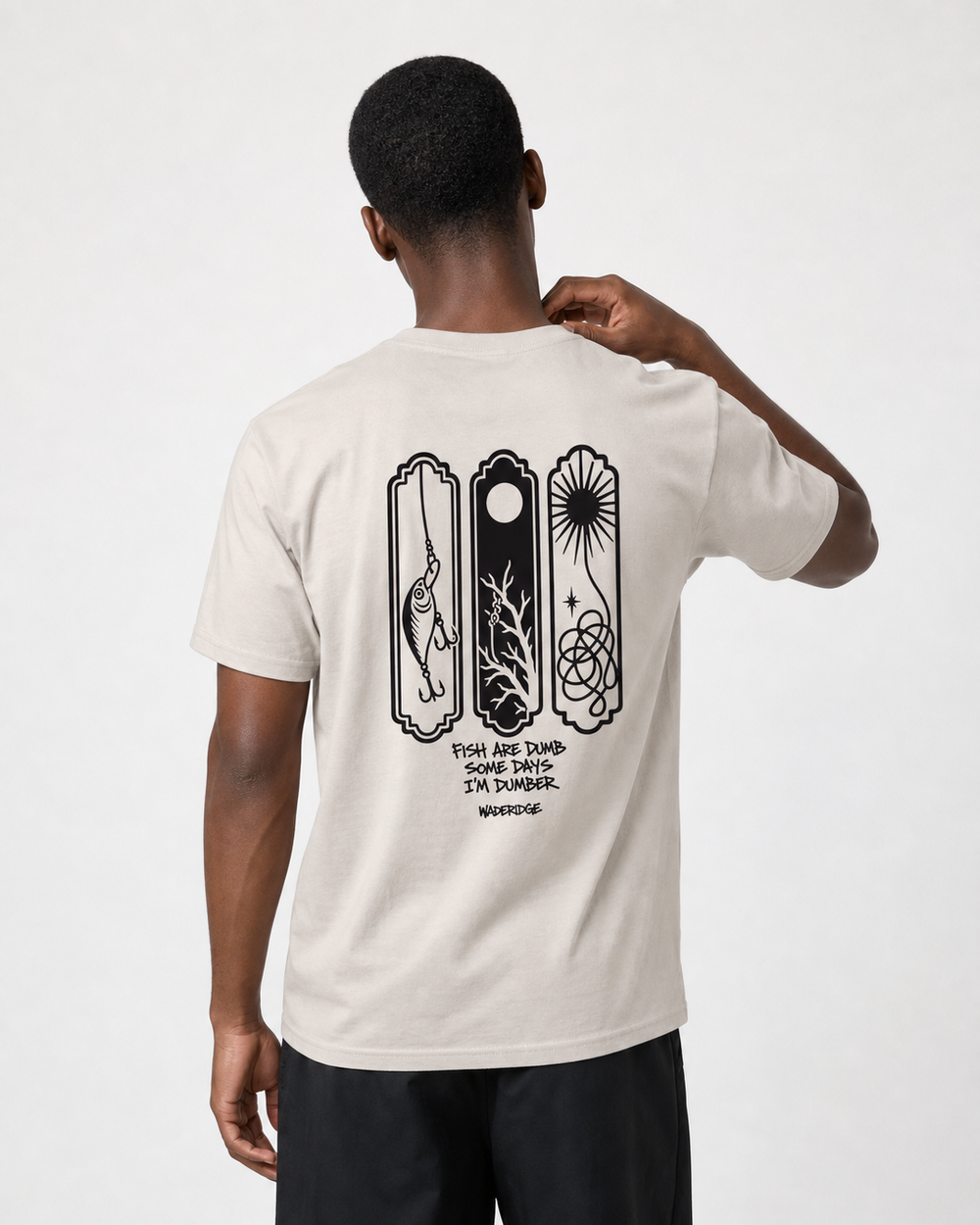 Fish Are Dumb Some Days I'm Dumber — Snag Panels tee — sand, worn, front