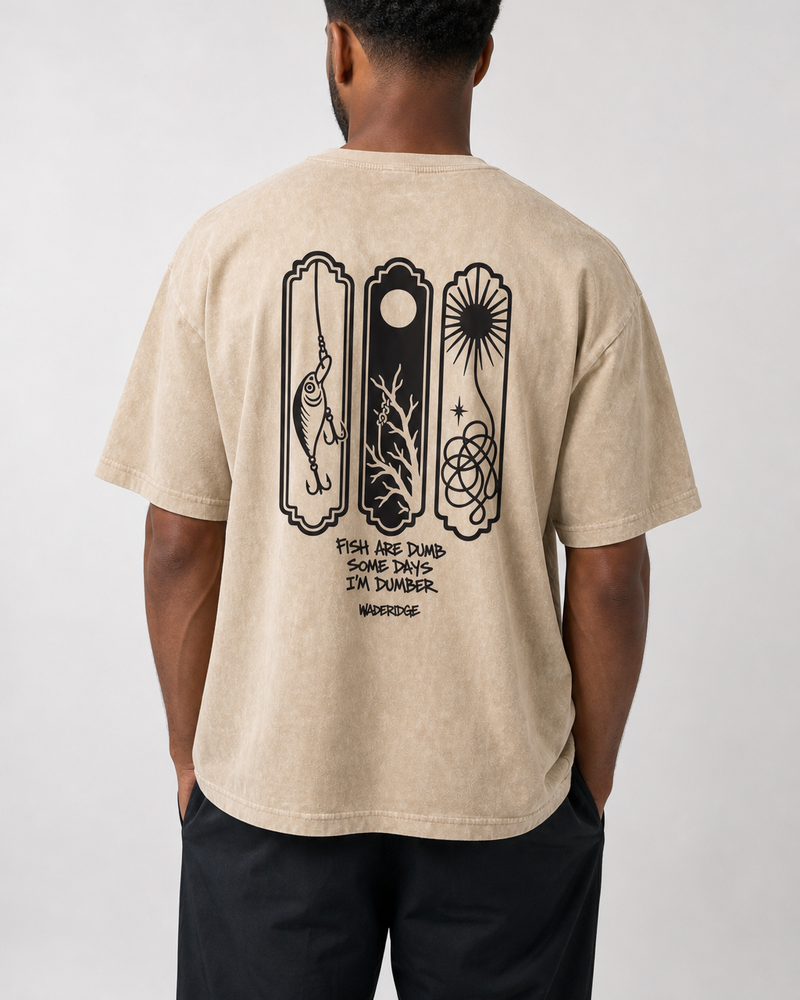 Fish Are Dumb Some Days I'm Dumber — Snag Panels washed tee — washed bone, worn, side