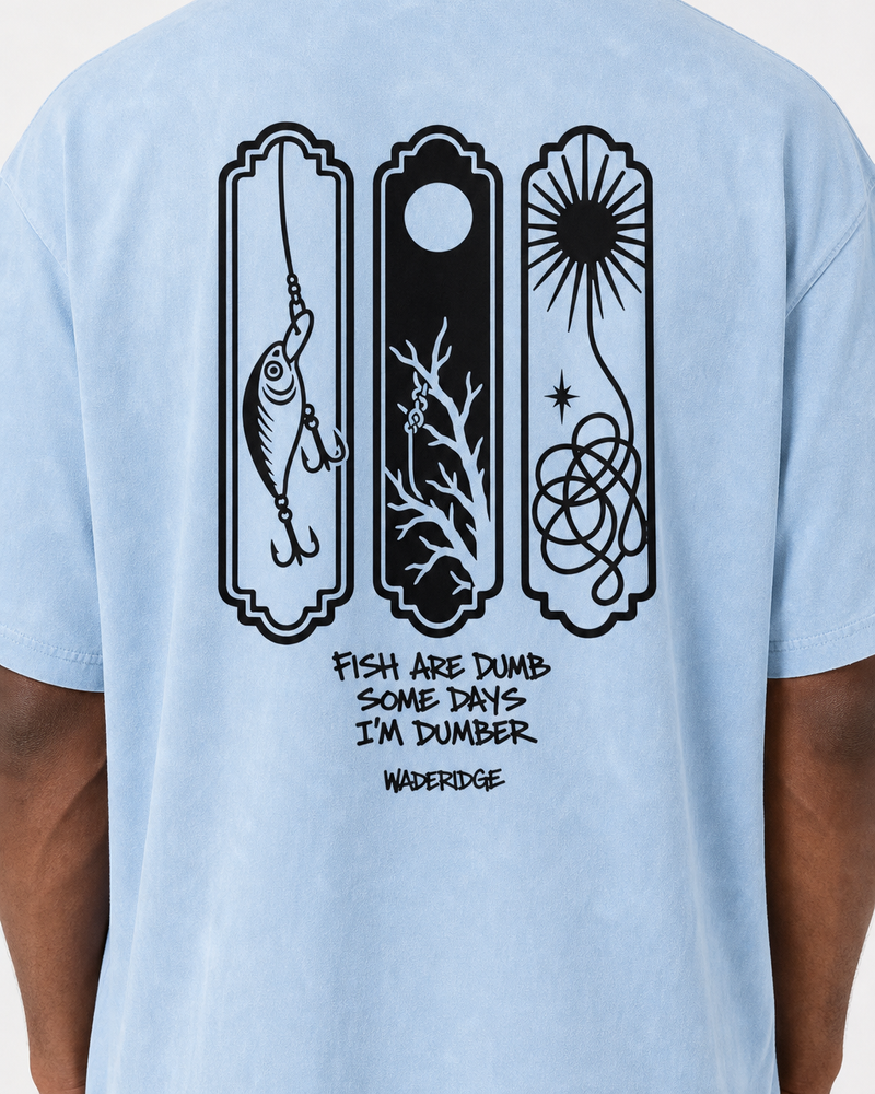 Fish Are Dumb Some Days I'm Dumber — Snag Panels washed tee — washed light blue, worn, side